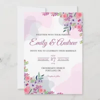 Pink Violet Pastel Floral Watercolor Wedding Invitation