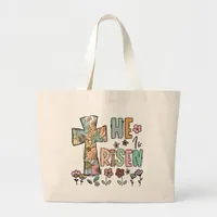 He is Risen Easter Floral Jesus Cross Large Tote Bag