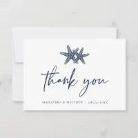 Modern Script Beach Starfish Navy Blue Wedding Thank You Card