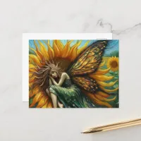 Beautiful Fairy Sleeping in a Sunflower Postcard