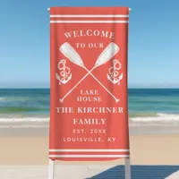 Welcome To Our Lake House Family Monogram Coral Beach Towel