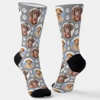 Custom Dog Photo Collage Gray Trendy Paw Prints Socks