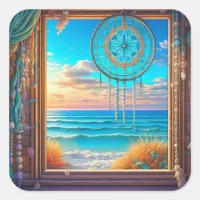 Pretty Beachy Dreamcatcher on Window  Square Sticker