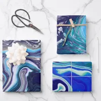 Royal Blue and White Marble Waves Fluid Art Wrapping Paper Sheets