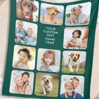 Modern Personalized 11 Photo Collage Emerald Green Fleece Blanket