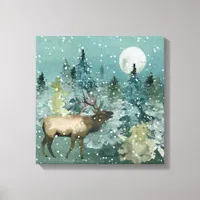 Majestic Elk in Forest Full Moon Snowfall Canvas Print