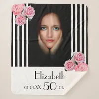 Black white stripes florals photo 50th birthday sherpa blanket