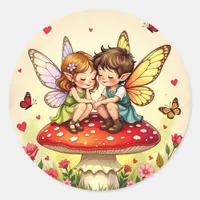 Cute Fairies on Retro Mushrooms Vintage Classic Round Sticker