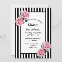 21st birthday pink roses on black white stripes invitation