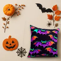 Spooky Purple Neon Flying Bat Pattern Throw Pillow