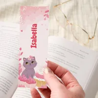 Cute Kawaii Cat Cupcakes Pink Floral Personalized Bookmarks