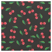 Summer Red Cherries on Black Pattern Fabric