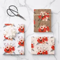 Festive Floral Pattern Red Cream Gold Christmas Wrapping Paper Sheets