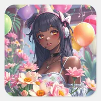 Pretty Anime Girl of Color Personalized Birthday Square Sticker