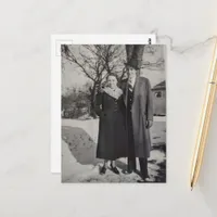 Black and White Vintage Couple Standing in Snow Postcard