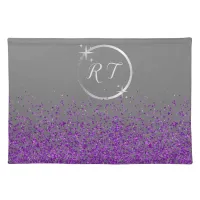 Silver initial monogram with purple glitter | cloth placemat