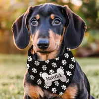 Black And White Paw Print Dog Bone Custom Name Pet Bandana Collar