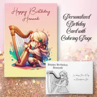 Chibi Girl Playing Harp Personalized Birthday Card