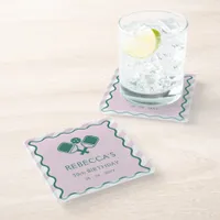 Pink Green Retro Pickleball 30th Birthday Glass Coaster