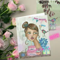 Hand-Painted Sister Birthday Card with Cake