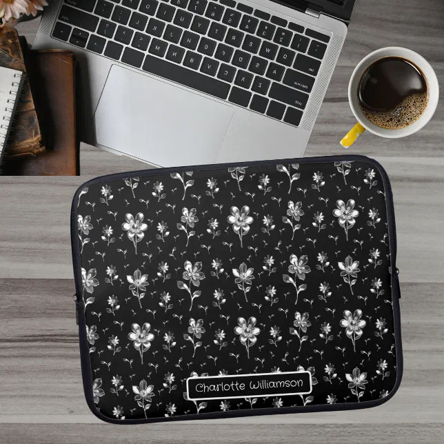 Metallic Flowers Black, Silver Floral Pattern Name Laptop Sleeve