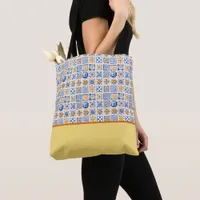 Summer Blue White Yellow Tiles Color Block Tote Bag