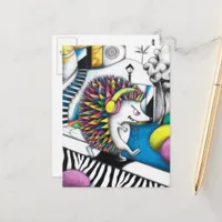 A funny surreal colorful hedgehog listens to music postcard