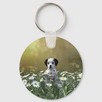 Cute Dalmatian Puppy in Daisies Keychain