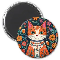 Whimsical Folk Art Cat and Flowers Magnet