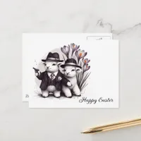 Funny Cute Gangster Easter Sheep Purple Flowers Postcard