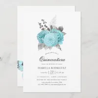 Aqua and Silver Vintage Shabby Roses Quinceañera Invitation
