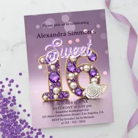 Glittery Purple Gemstone & Pearl Sweet 16 Birthday Invitation