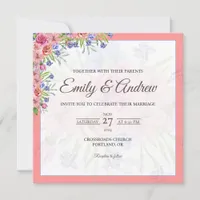 Coral Pink Rose Floral Watercolor Square Wedding Invitation