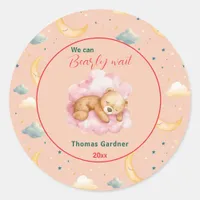 We Can Bearly Wait Boy Cute Bear Baby Shower  Classic Round Sticker