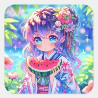 Pretty Anime Girl Eating Watermelon Square Sticker