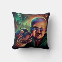 Baby with Pet Pitbull and Spooky Ghouls Throw Pillow