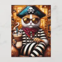 Cat pirate drinking icedcoffee encaustic art style postcard