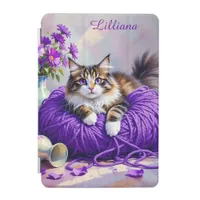 Cat  in Purple Yarn and Flowers Personalized iPad Mini Cover