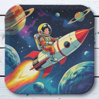 A Comic Book style Boy on a Rocket in Space Paper Plates