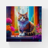 Cute Cat Sitting in City Window Ai Art Paperweight