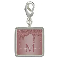 Chic Rose Gold Sparkle Glitter Drips Monogram Charm