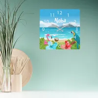 Aloha tropical beach flamingo florals square wall clock