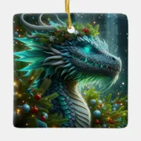 Magical Turquoise Christmas Dragon Ceramic Ornament