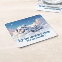 Cute Snow Leopard Cub Sleeps on Clouds Baby Shower Square Paper Coaster