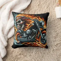 Fiery motorcycle with a skull in a vibrant blaze throw pillow