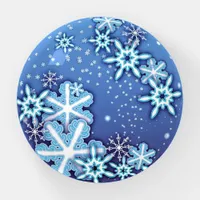 White Winter Crystal Ornate Snowflakes On Blue  Paperweight