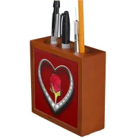 Silver Jewelry Valentine Heart with Red Rose Desk Organizer