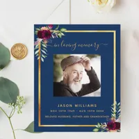 Navy blue floral gold photo funeral program
