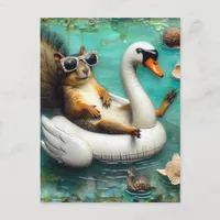 Funny Squirrel on a Floating Swan Postcard