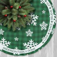 Green Plaid Snowflake Festive Words Christmas Brushed Polyester Tree Skirt